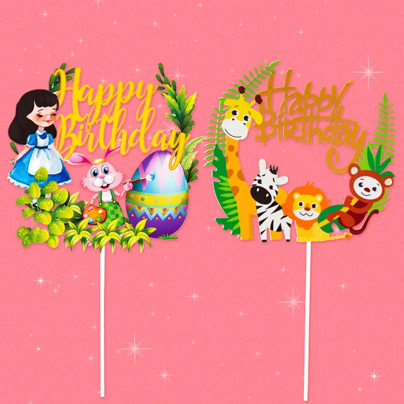 

Wild Jungle Party Cake Topper Happy Birthday Animal Cake Flag Boy Birthday Party Decoration Children Forest Party Supplies