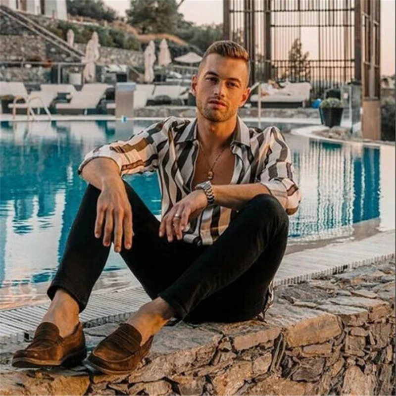 Мужская пляжная рубашка в клетку повседневная приталенная с длинными рукавами и