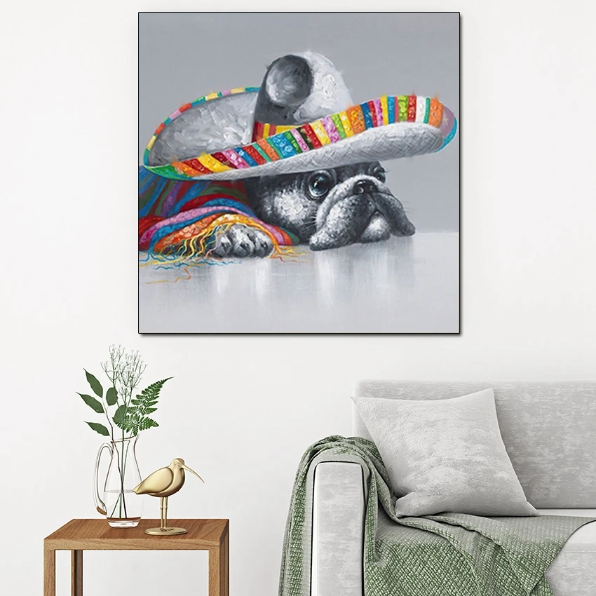 

Одежда для собак, шляпа, льняная картина маслом, ручная работа на холсте, настенное искусство, большие картины для гостиной, декоративные аксессуары без рамки