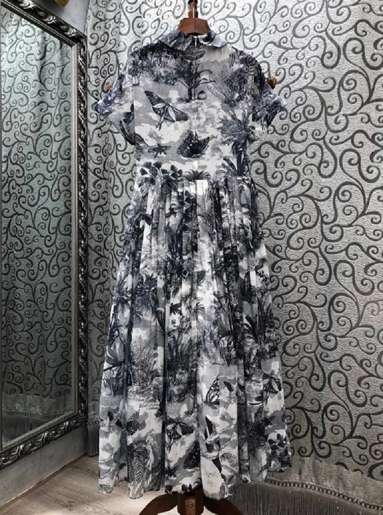 

Top Quality New Cotton 2020 Autumn Women Turn-down Collar Tropical Print Short Sleeve Mid-Calf Length Casual Vintage Dress