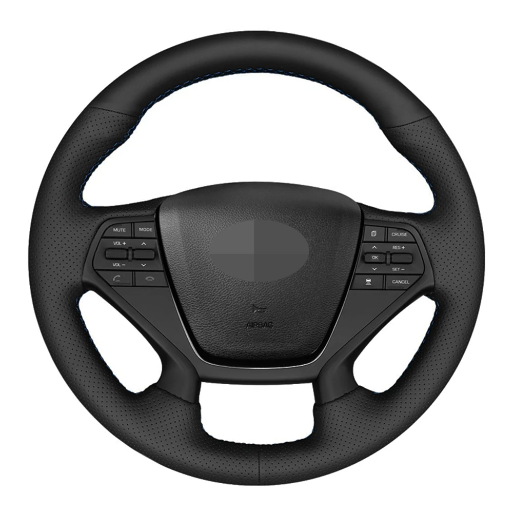 Funda de cuero genuino para volante de coche, cosida a mano, color negro, para Hyundai Sonata 9, 2015, 2016, 2017 (4 radios)