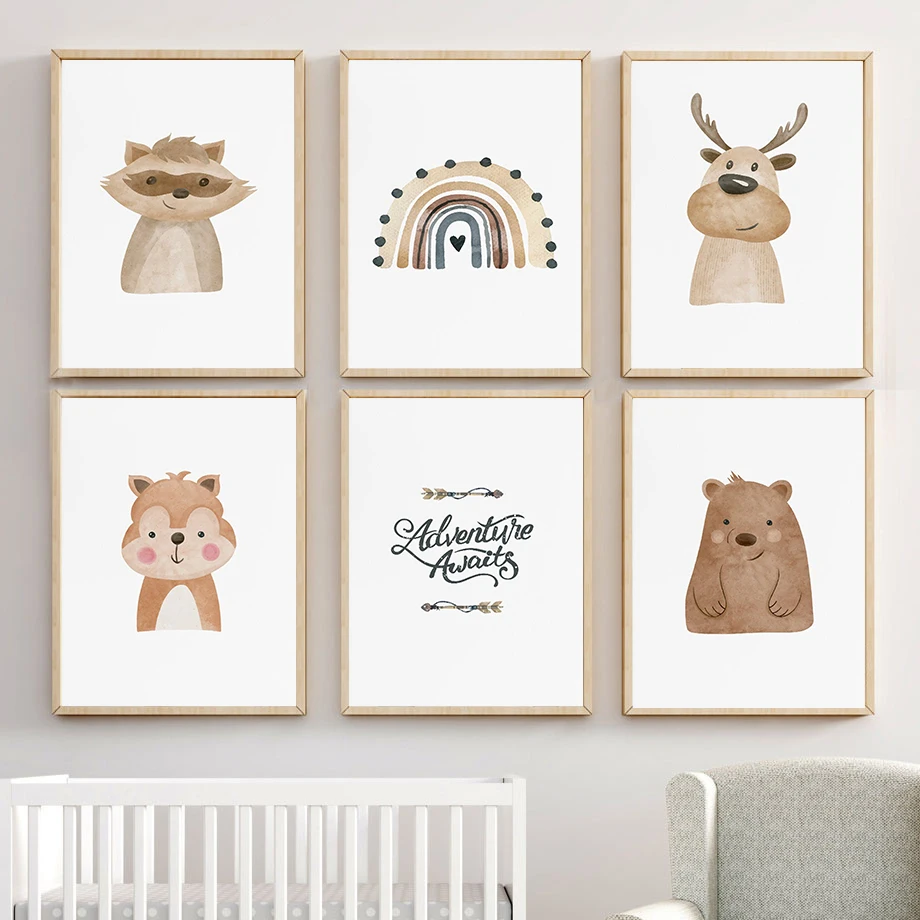 

Nordic Posters And Prints Cartoon Raccoon Fox Bear Deer Rainbow Wall Art Canvas Painting Wall Pictures Baby Girl Kids Room Decor