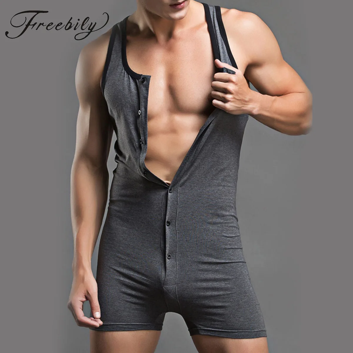 

Men Bodysuit Underwear Lingerie Sexy Sleeveless Sports Fitness Leotard Jumpsuit Button Closure Skinny One-piece Sleepwear