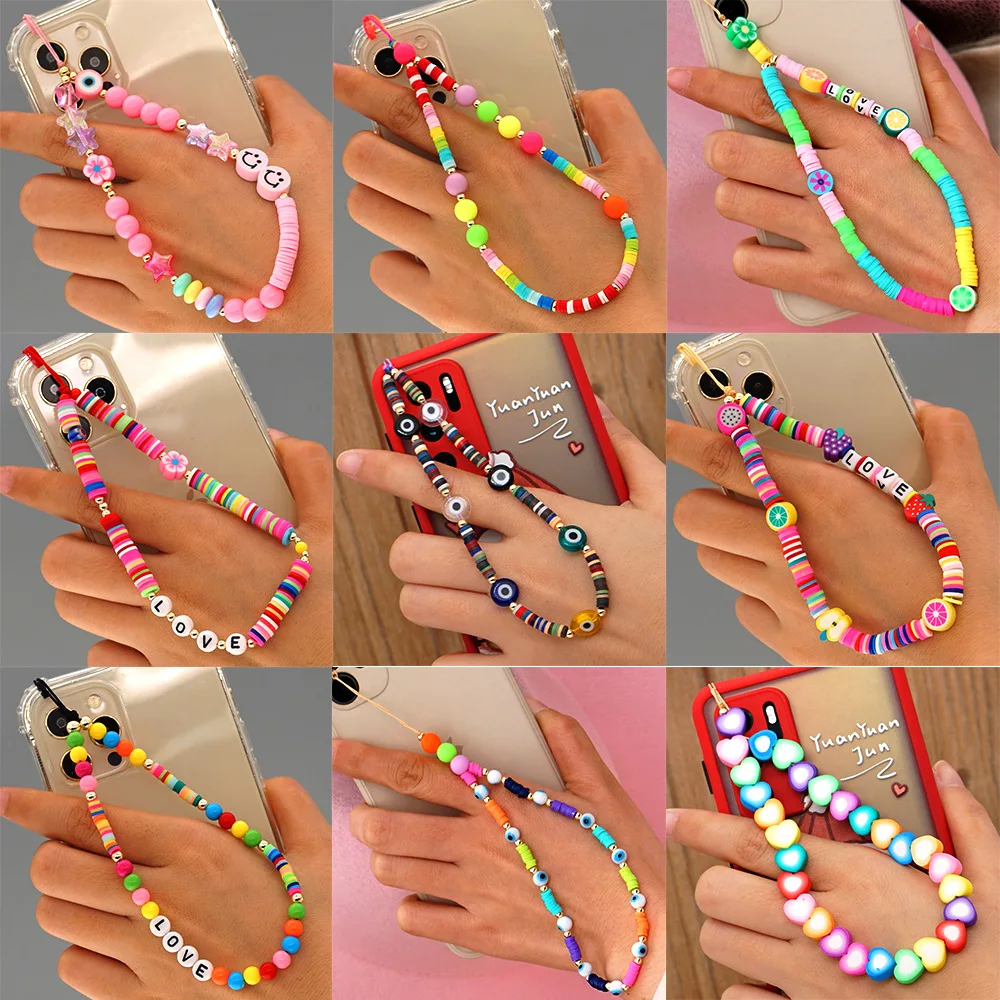 Summer Colorful Soft Polymer Clay Mobile Phone Strap Chain Lanyards Women Girls Bohemia Pearl Rope For Phone Case Hanging Cord