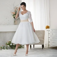 short vintage tea length plus size modest wedding dresses with 34 sleeves a line beaded appliques informal modest bridal gowns
