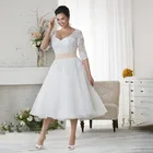 Короткое винтажное платье длиной ниже колена, ограниченное свадебное платье с рукавом 34, ТРАПЕЦИЕВИДНОЕ, с аппликацией из бисера, неформальные скромные свадебные платья
