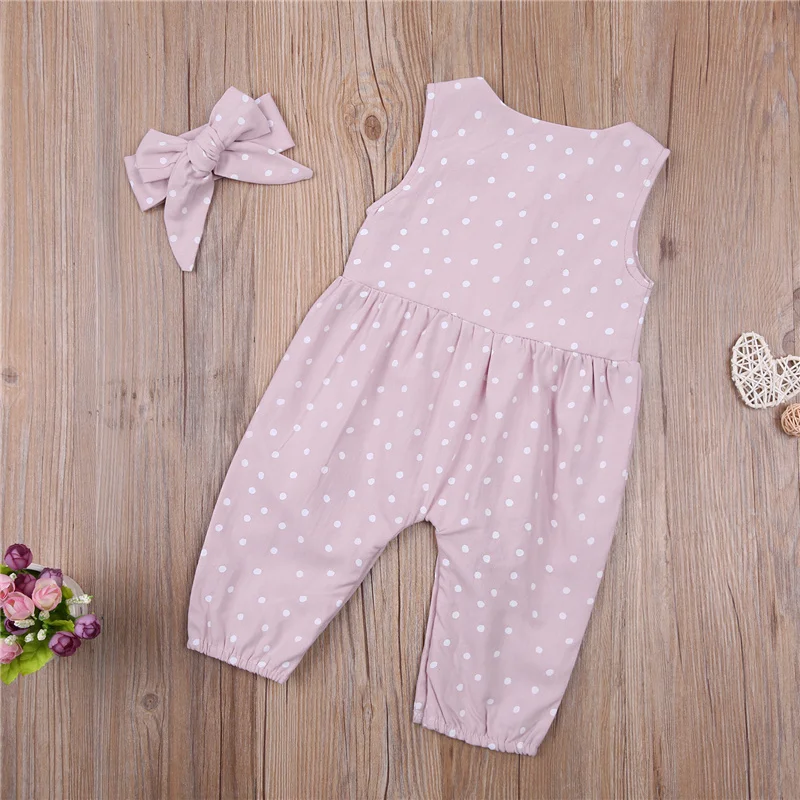 

0-18M Newborn Infant Baby Girl Summer White/Pink Romper Polka Dot Print Sleeveless Jumpsuit Bow Headband Toddle Fashion Clothing