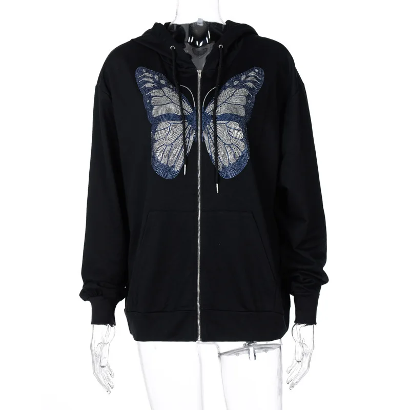 

Oversized Butterfly Sweatshirt Women Graphic Rhinestone Zip Up Hoodies E-girl 90s Streetwear Diamond Long Jacket Autumn Hoodie
