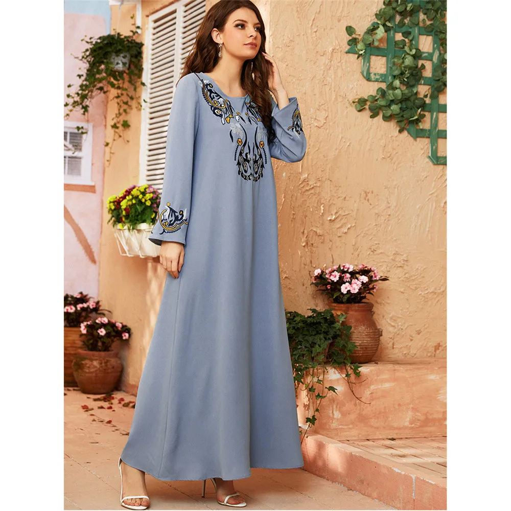 

Muslim Long Dress Embroidery Women Long Sleeve Spring Autumn Maxi Arab Abaya Turkish Kaftan Islamic Ramadan Middle East Fashion