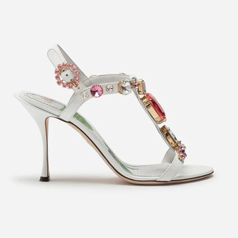 

Prowow chunky high heels Sandals Woman Rhinestone T Strap Rome Sandals Summer Luxury Crystal Party Shoes Women