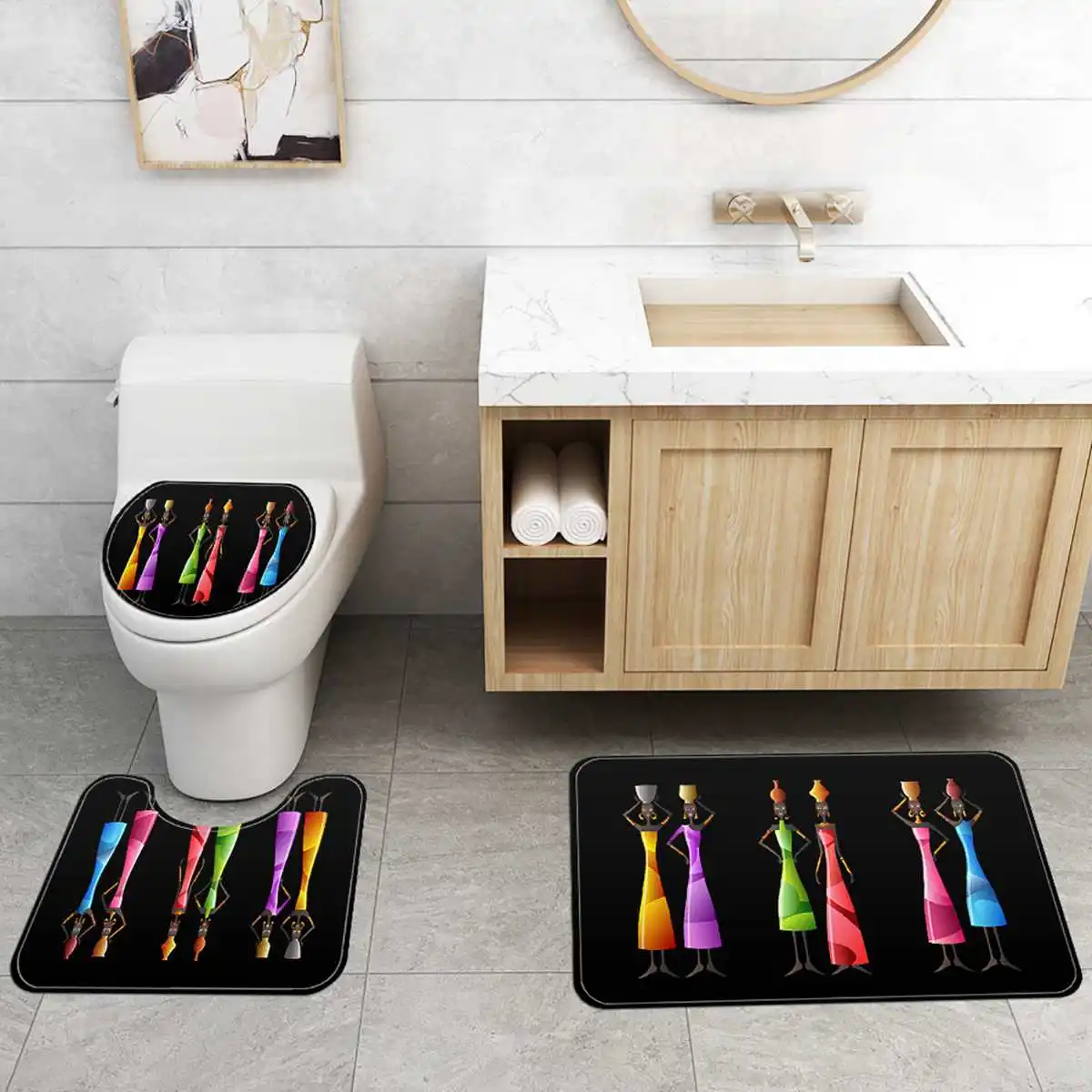 

4Pcs Bathroom Sets Practical Bathroom Suit Non-slip Mat Set Lid Toilet Cover Pedestal Mat Bath Shower Curtain+12 c-shaped Hooks
