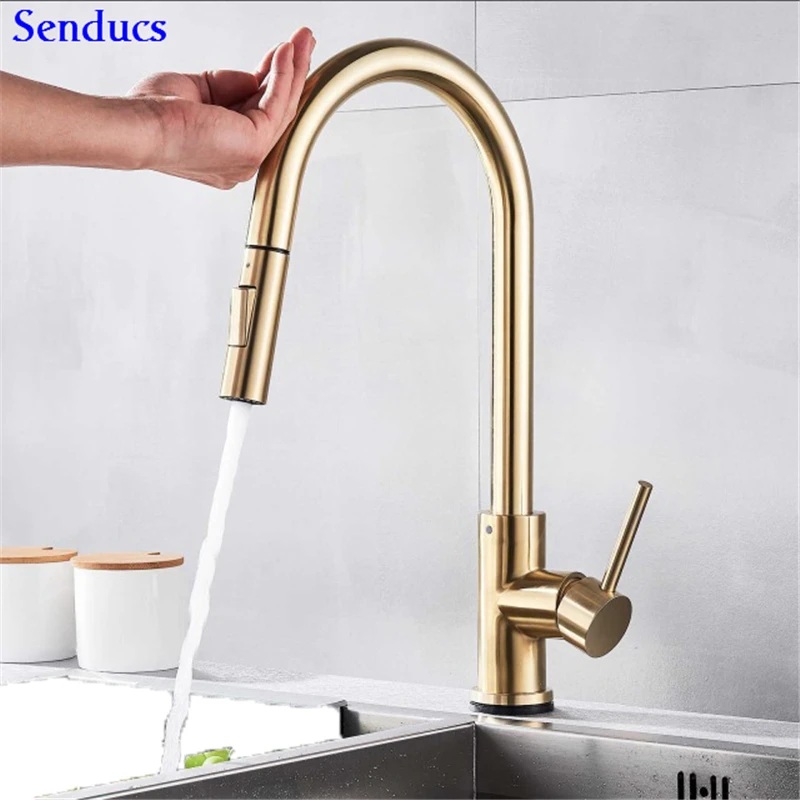 A-gold-touch Сенсорный кухонный кран, Senducs, черный, выдвижной кухонный кран, качественный, из нержавеющей стали, сенсорный кухонный кран, датчик, вытяжной водопроводный кран - Цвет: A-gold-touch