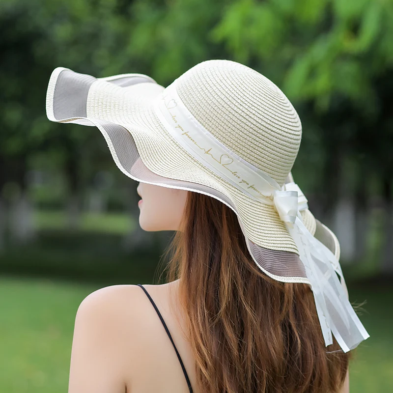 

Straw hat women's beach big brim mesh bow ribbon fisherman hat seaside vacation outing UV protection basin hat