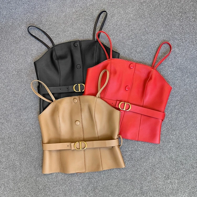 2022 Spring New Style Leather Jacket, Leather Sheep Skin, Fashion Vest, Metal Belt, Sleeveless Sling E1