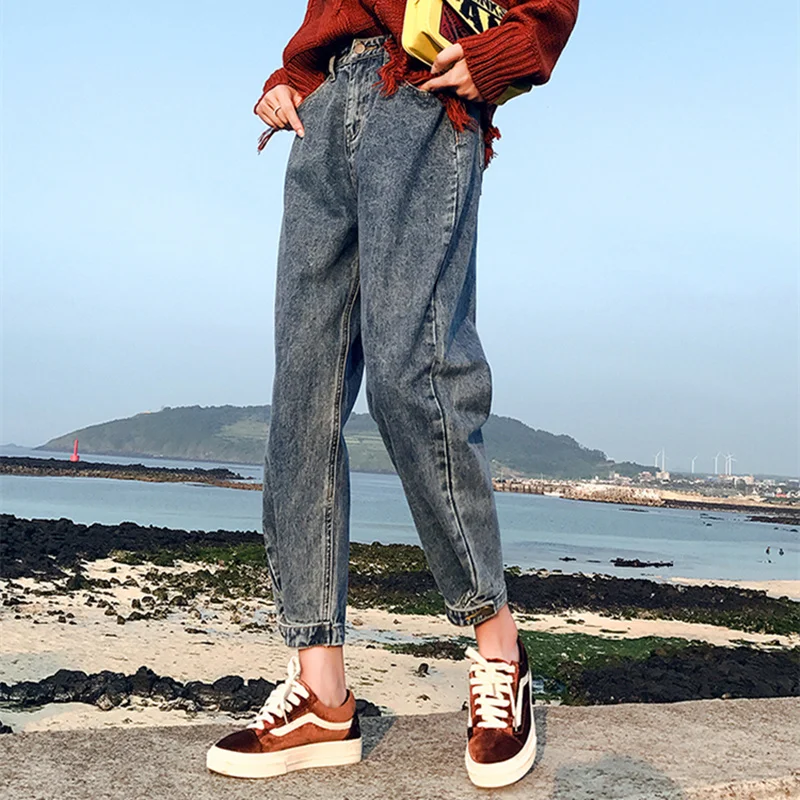 Уличная Высокая талия шаровары женские джинсы 2019 весна осень Корейский kpop брюки