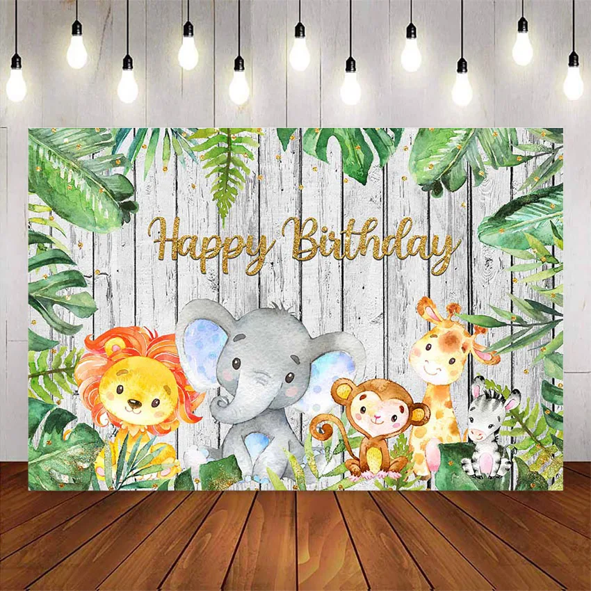 

Happy birthday wild animals wood floor backdrop for photography studio safari jungle theme birthday party deocraiton backgrounds