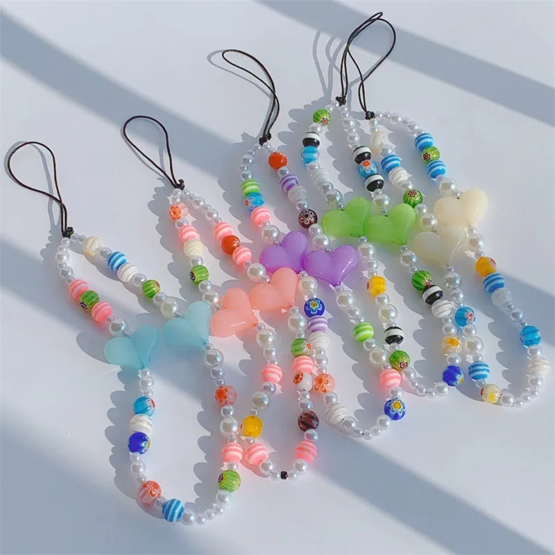 

Fashion Candy Colors Summer Colorful Beads Mobile Phone Chain Lanyards Women Heart Pearl Rope For Phone Case Hanging Cord