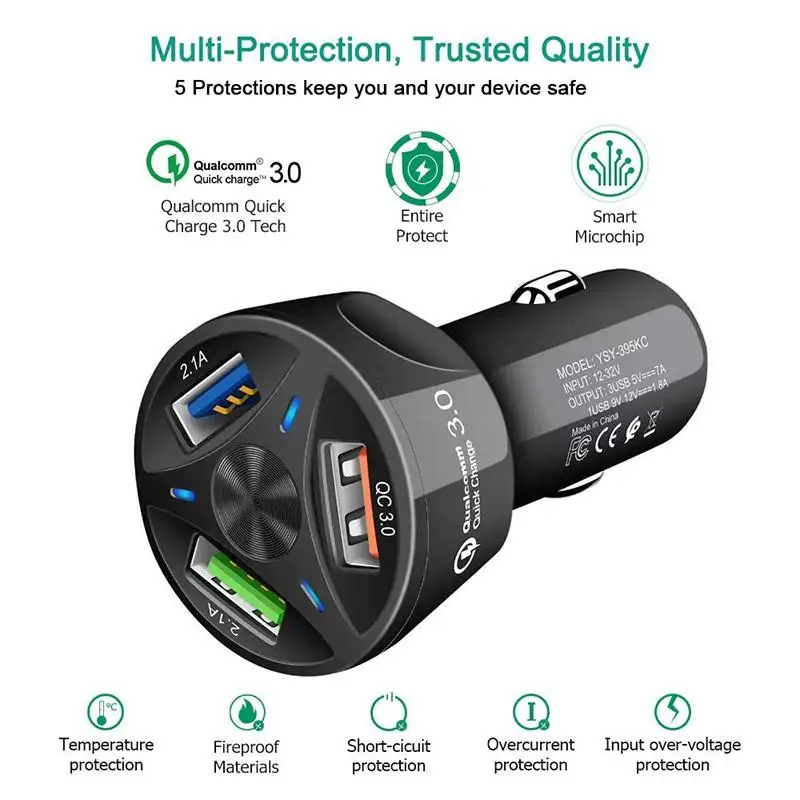 Автомобильное зарядное устройство QC 3 0 с портами USB автомобильное для быстрой
