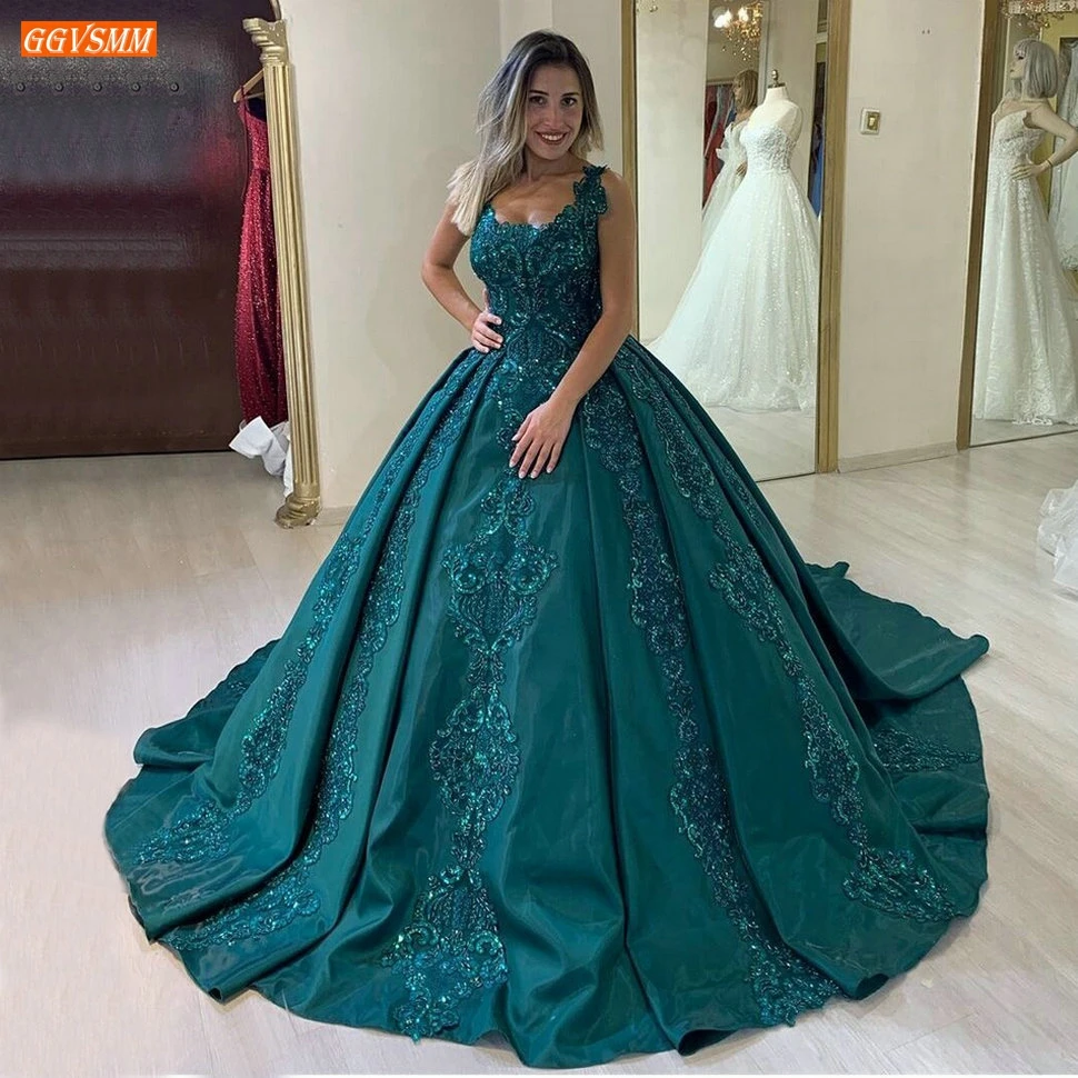 

Peacock Blue Wedding Dresses Chic Lace Appliqued Beaded Satin Church Ball Gown Bride Dress Long 2020 Customized Vestido De Noiva