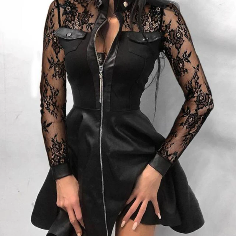 

Women Slim Dresses Sexy Stand Collar Print Zipper Long Sleeves Mini Dress Casual Autumn Winter Fashion Ladies Pocket Dress