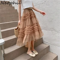 neophil women asymmetrical mesh tulle high waist long skirts 2022 summer faldas larga ball gown black flare tiered skirt s21814
