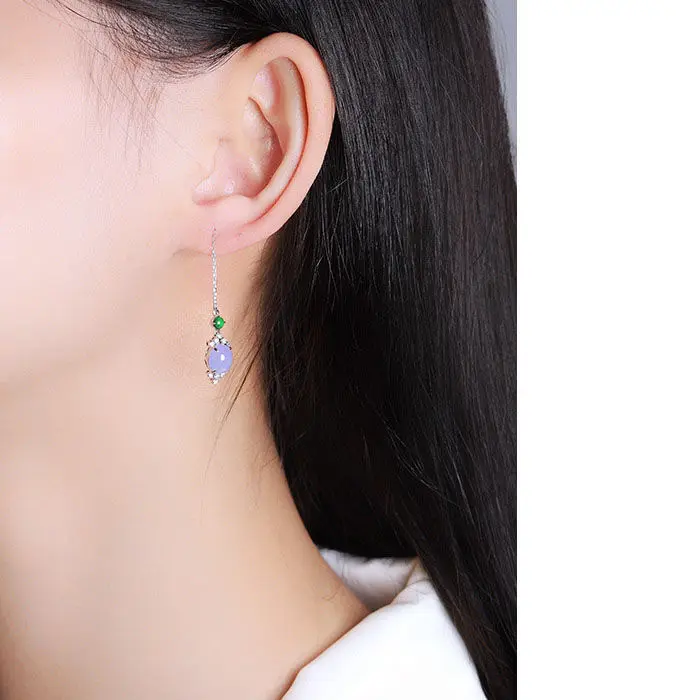 

New original design violet chalcedony pigeon egg ear line Chinese retro light luxury micro-inlaid charm women's silver jewelry