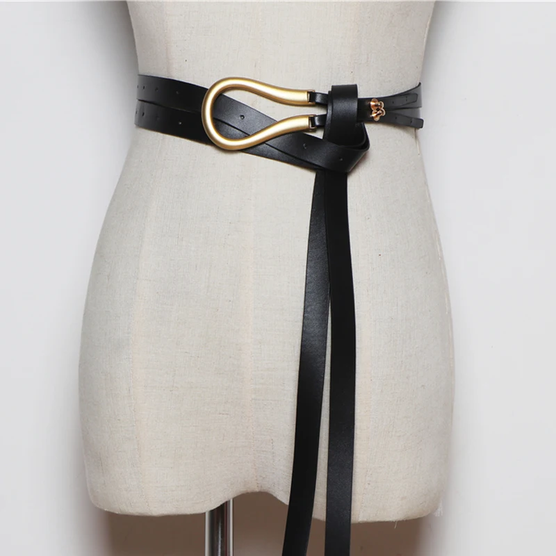 NEW FASHION Light Gold Weight Alloy Buckle Knotted Belt Solid Long Waistbands Women Knot Belts Soft PU Leather Body Belt Coat