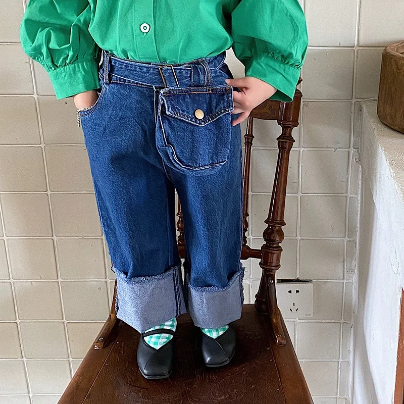 

2021 Autumn And Winter New Children's Jeans For Boys And Girls Fashion Curled Straight Leg Pants Denim Trousers Trend