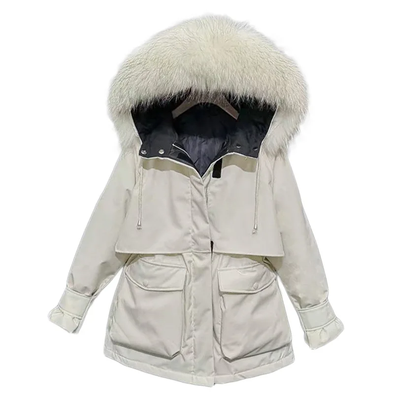 womens down jackets winter coat real raccoon fur collar short jacket white duck parkas korean tops hooded thick warm | Женская одежда