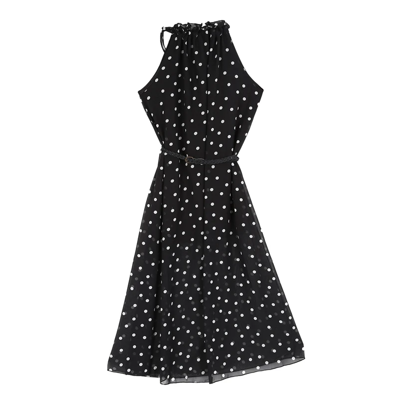 

Women's Chiffon Dot Vest Maxi Full Long Dress Sleeveless With Belt