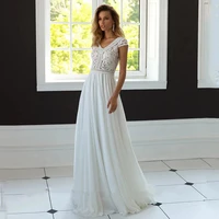 bohemia v neck wedding dress 2021 for summer chiffon short sleeves a line peals design sweep train vestidos de noiva custom made