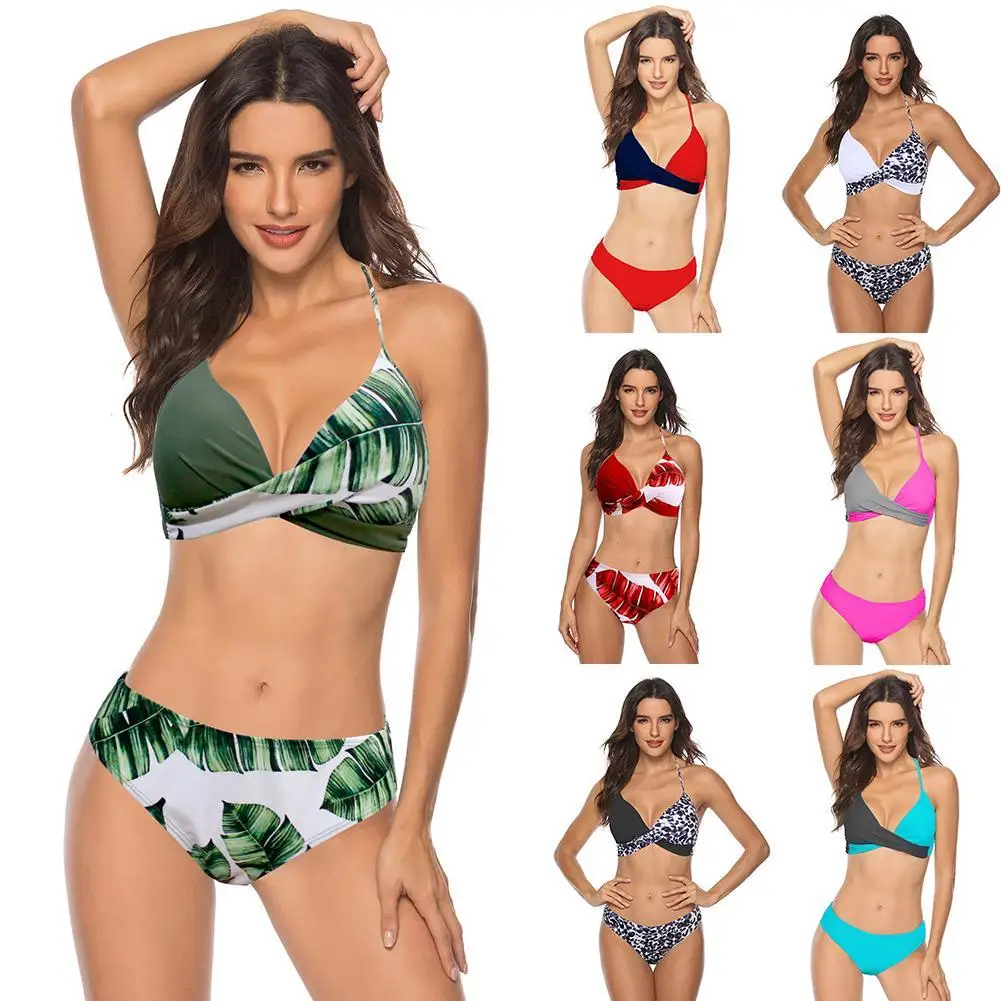 

Women Color Block Print Padded Bra Briefs Bondage Bikini Set Swimsuit Leaves Print Padded Bra Briefs Bondage Bikini Set Swimsuit