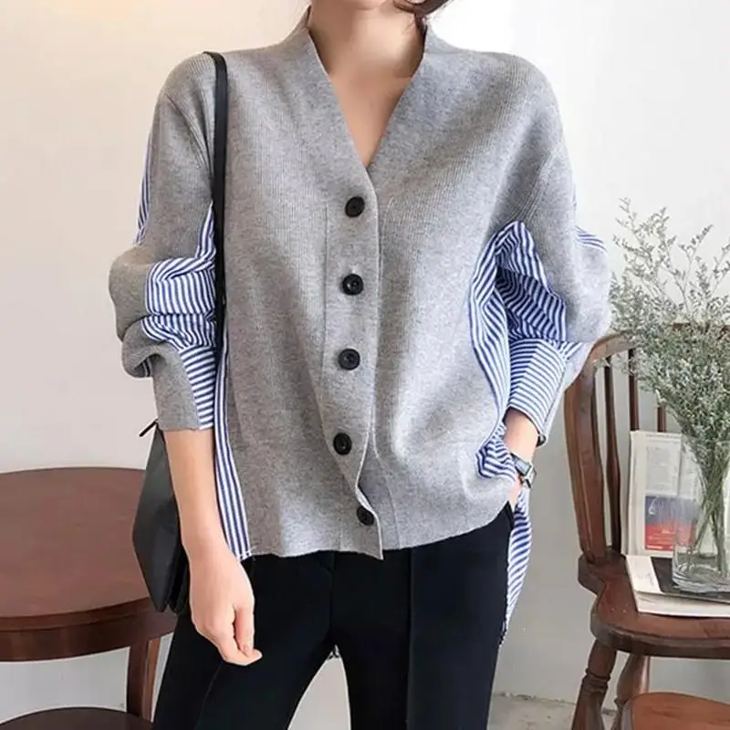 New Autumn Women's Sweaters Patchwork Srtiped Knitting V-Neck Cardigans Casual Single Breasted Loose Tops |