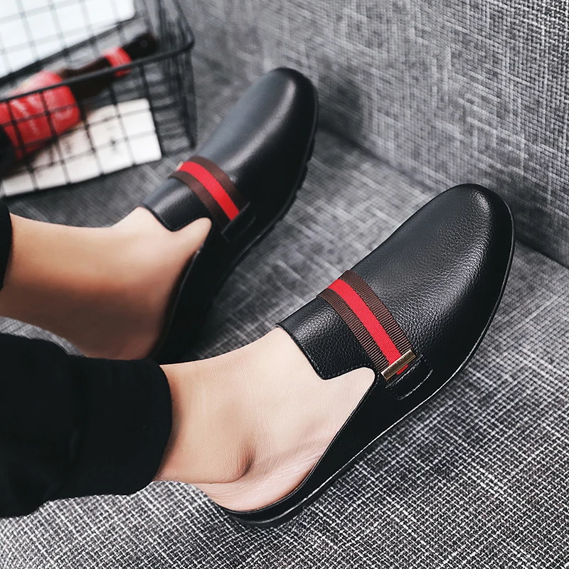 

2020 New Casual Summer Shoes Men Black White Men Half Slippers Pu Leather Men Flats Sneakers Designer Big Size Lazy Shoes Mens