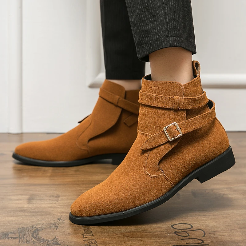 

Ботильоны мужские замшевые, натуральная кожа, заостренный носок, квадратный каблук, пряжка, деловые свадебные, черные, коричневые, размеры ...