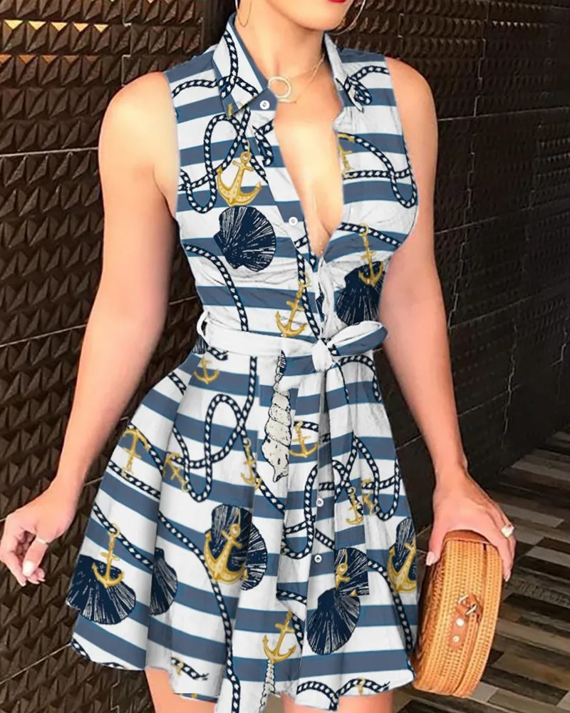 Striped Print Tie Waist Sleeveless Shirt Dress | Женская одежда