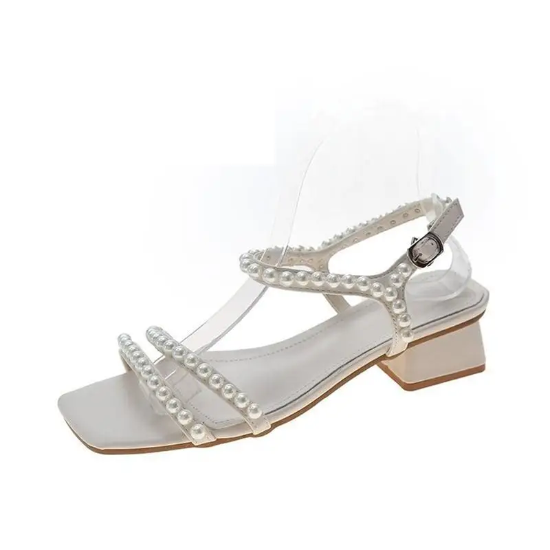 

Pearl Sandals Female Shoe 2021 Summer Buckle Clear Heels Med Girls Fashion Strap New Beige Medium High Comfort Block Solid Scand