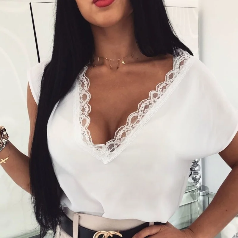 

Summer Women Sexy Solid Colors White Black Women Deep V-Neck Lace Tshirts Patchwork Short Sleeve Tops 2021 New Fashion Clothing