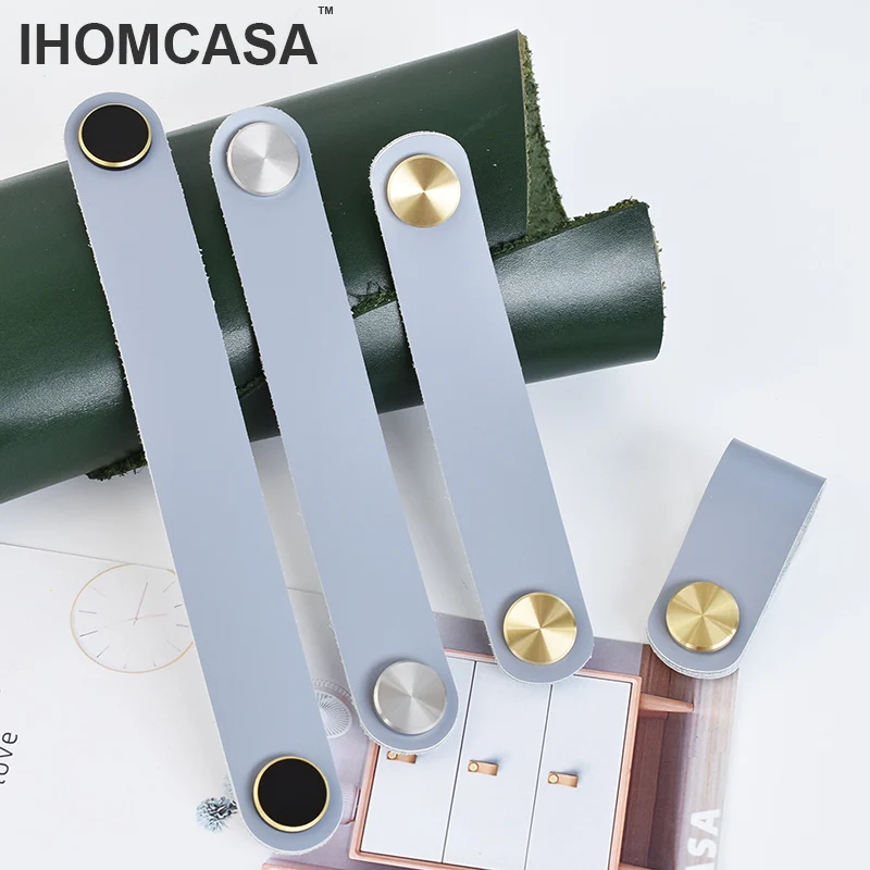

IHOMCASA Nordic Style Grey Leather Furniture Door Handles Kitchen Closet Wardrobe Dresser Drawer Knobs Gold Brass Cabinet Pulls