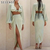 satin two piece set women v neck lantern sleeve high slit skirt ankle length crop top sexy club good quality fashion clothes