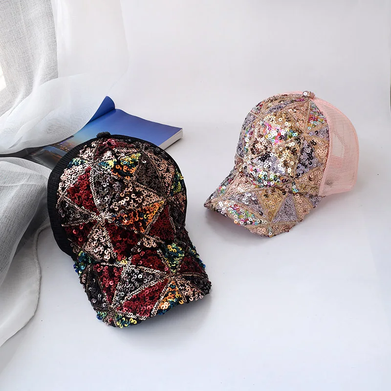 

Women's Baseball Cap Sequin Stage Wind Net Hats Women's Ponytail Baseball Cap Versatile Gradient Bright Color Women's Hat