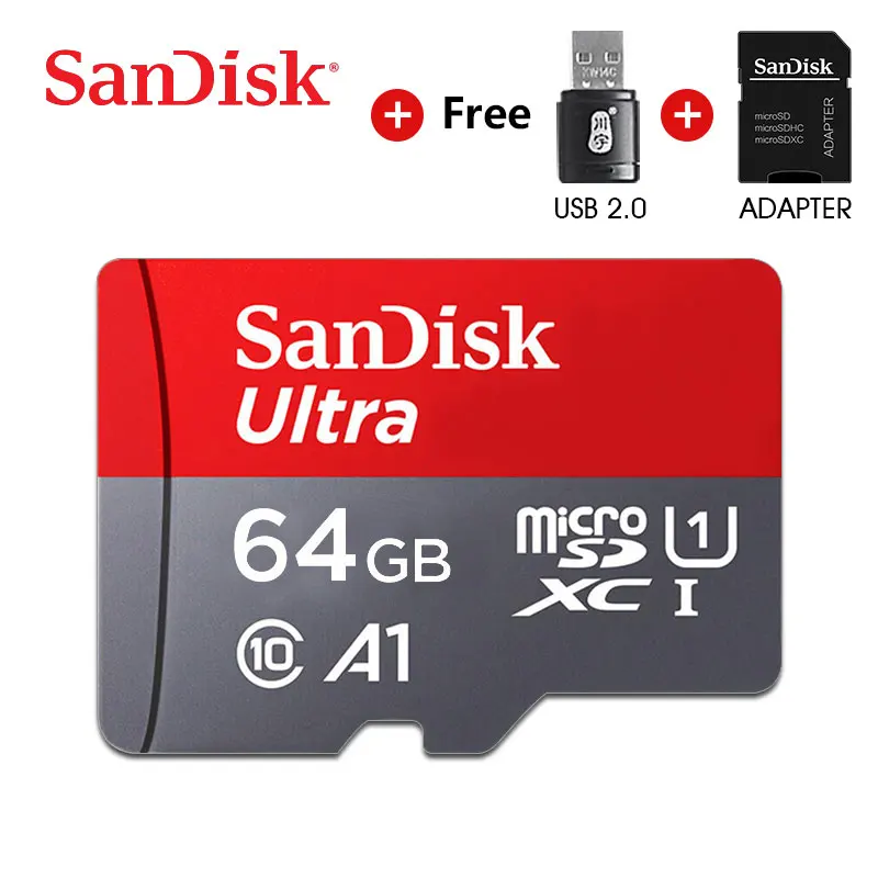 64GB-adapter-reader Карта памяти SanDisk micro sd, 16 ГБ, 32 ГБ, 64 ГБ, 128 ГБ, 200 ГБ, micro sd, Макс. 80 м/с, класс 10, флеш-карта, картао для планшета/смартфона - Емкость: 64GB-adapter-reader