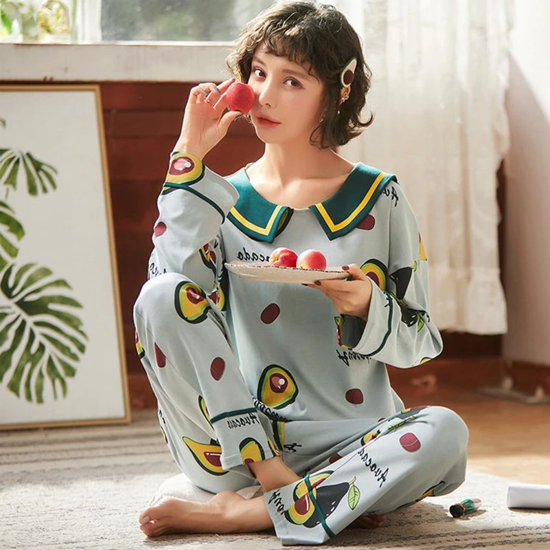 

Пижамы женские пижамы с длинным рукавом Трикотажный Хлопковый новый костюм Студенческая одежда для сна для девочек повседневное домашнее ...