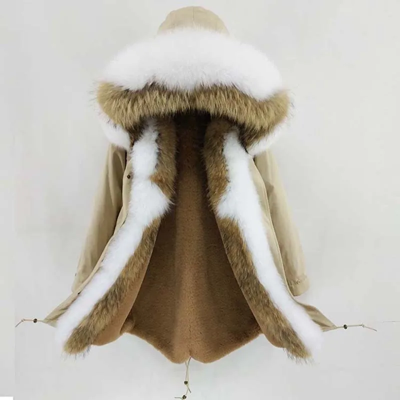 Женское теплое пальто с мехом енота длинная парка капюшоном и воротником из