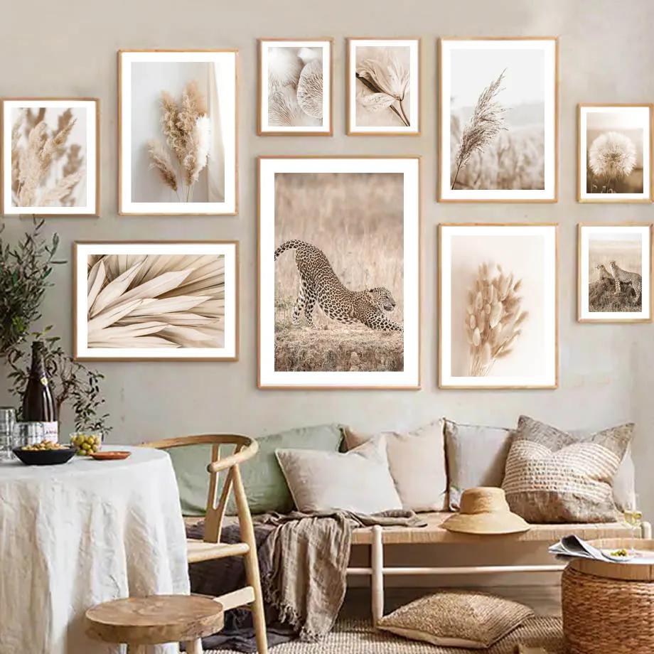 

African Leopard Beige Palm Lily Reed Mushroom Wall Art Canvas Nordic Posters And Prints Decor Pictures For Living RoomPainting