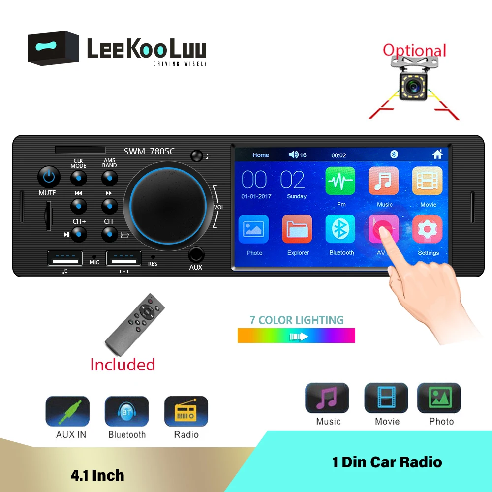 Автомагнитола LeeKooLuu 1DIN 4 дюйма TFT сенсорный экран Bluetooth AUX USB TF поддержка задней