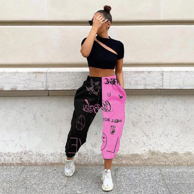 

Women Skull Letter Print Patchwork Sweatpants 2020 Autumn Elastic Waist Pocket Overalls Loose Casual Streetwear Pants Trousers