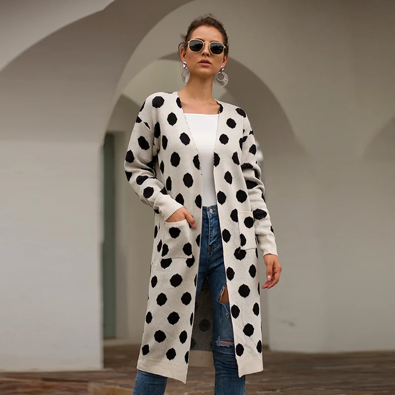 Fitshinling горошек длинный женский кардиган 2019 зимние свитера в стиле бохо кардиганы