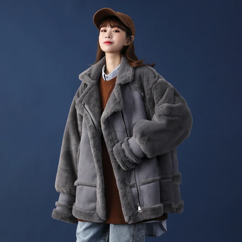 Women 2021 Autumn Winter New Thick Warm Retro Suede Lambs Wool Motorcycle Jacket Belt Faux Fur Loose Female Casual Jackets D381