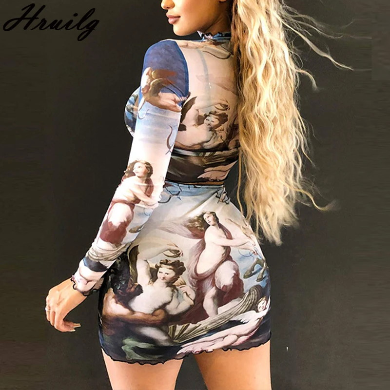 

Two Piece Set Women Mesh Print Long Sleeve O Neck Tops Short Skirts Two-piece Suit Party Club Night Sexy Fashion 2 Piece Set